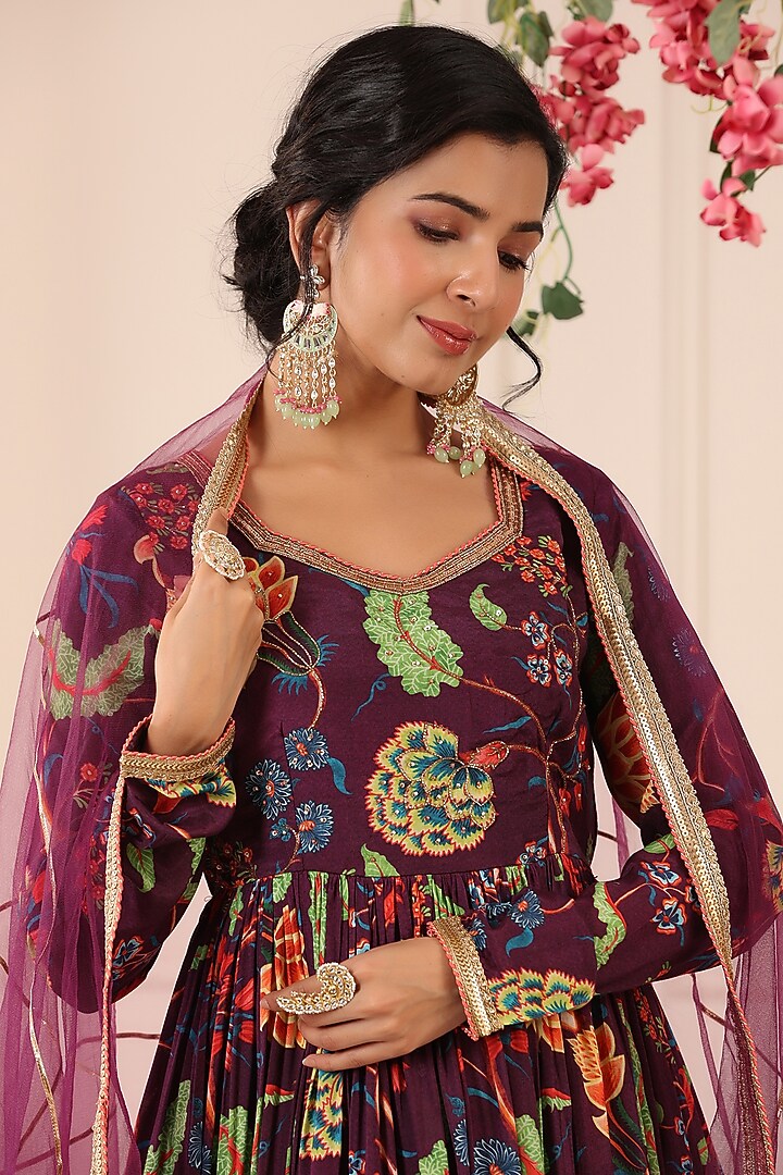 Purple Chinon Floral Printed Gown With Dupatta by Bairaas at Pernia's Pop Up Shop