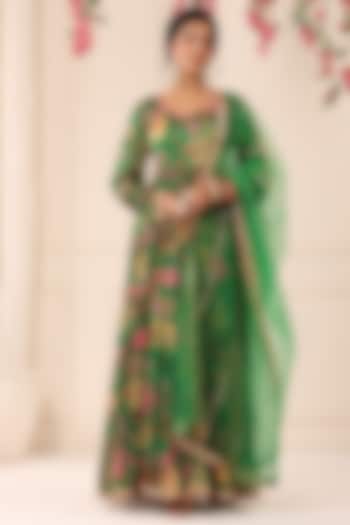 Green Chinon Floral Printed Gown With Dupatta by Bairaas