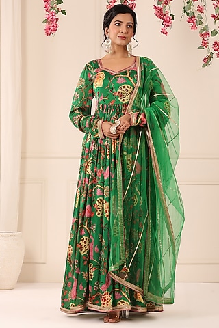 Green Chinon Floral Printed Gown With Dupatta by Bairaas