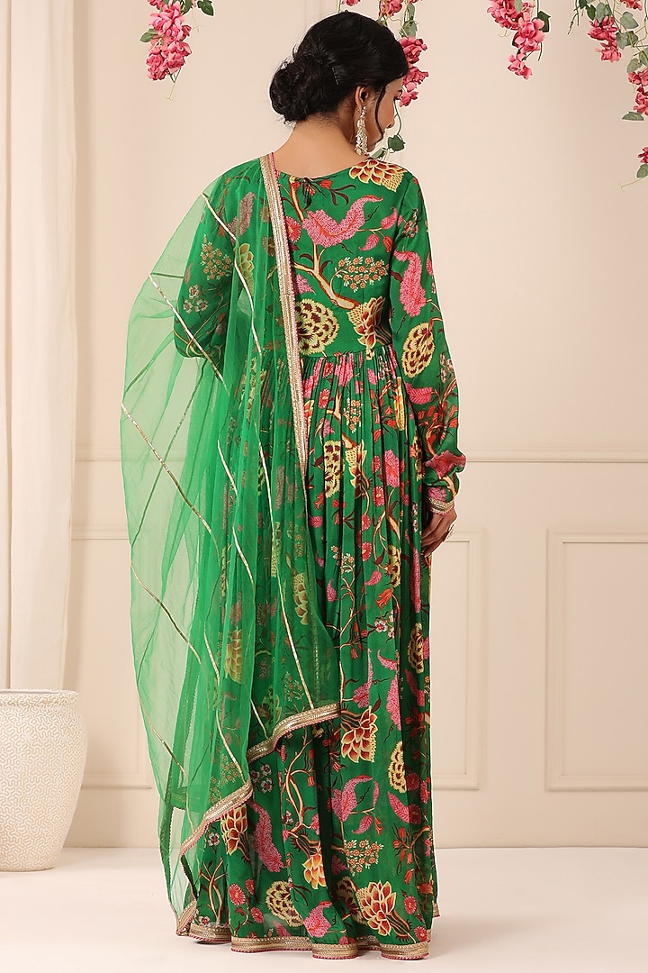 Green Chinon Floral Printed Gown With Dupatta by Bairaas at Pernia's Pop Up Shop