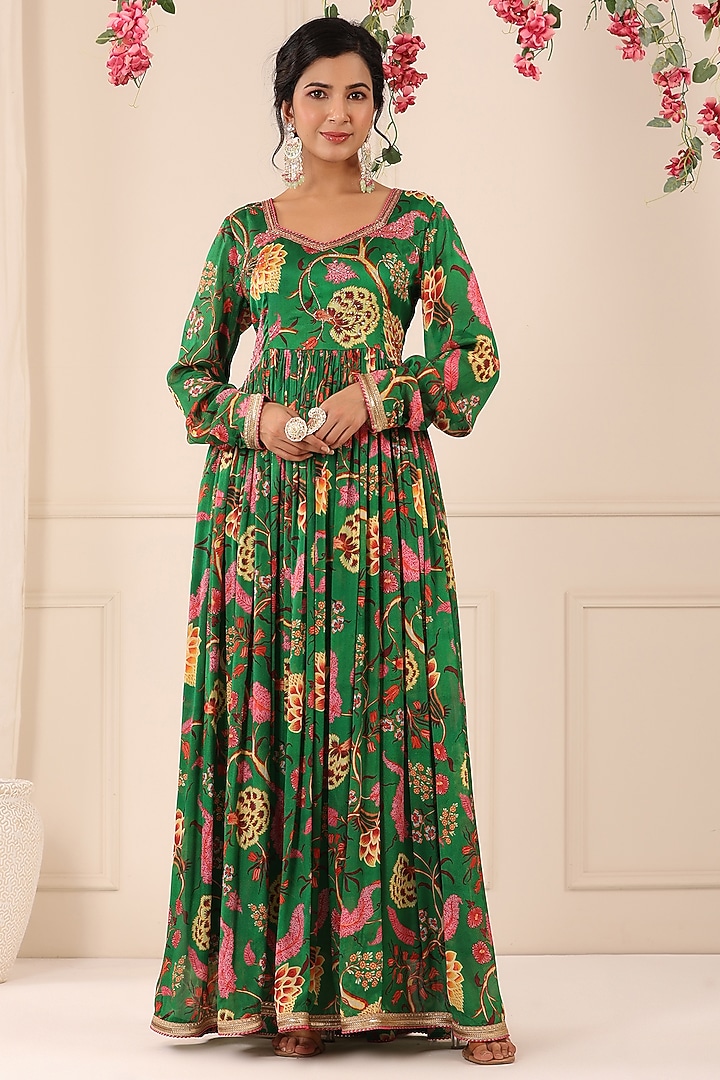 Green Chinon Floral Printed Gown With Dupatta by Bairaas at Pernia's Pop Up Shop