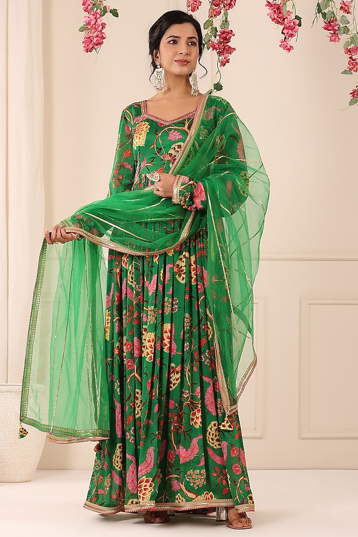Green Chinon Floral Printed Gown With Dupatta by Bairaas at Pernia's Pop Up Shop