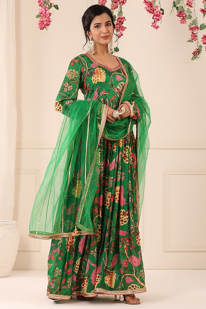 Green Chinon Floral Printed Gown With Dupatta by Bairaas at Pernia's Pop Up Shop