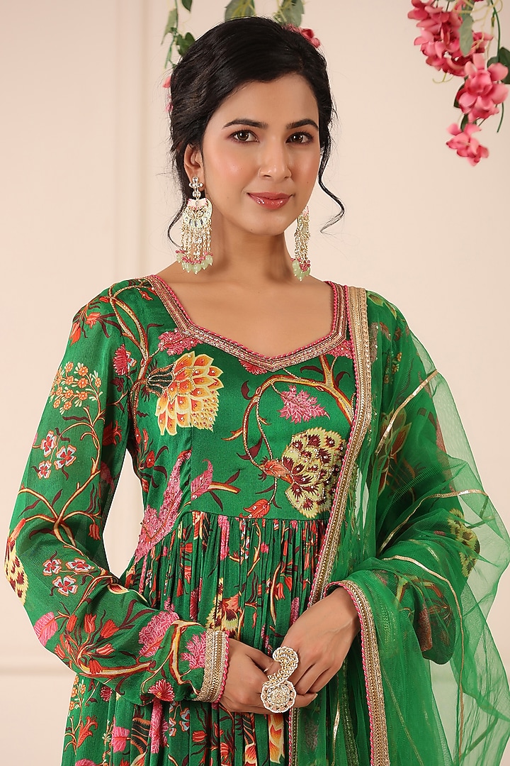 Green Chinon Floral Printed Gown With Dupatta by Bairaas at Pernia's Pop Up Shop