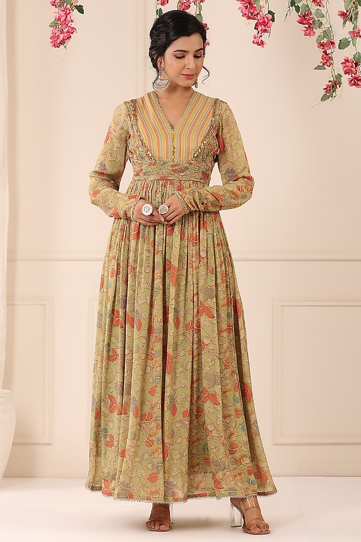 Green Chinon Embroidered Gown With Dupatta by Bairaas