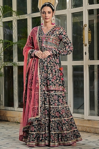 Dark Green Muslin Printed Sharara Set by Bairaas