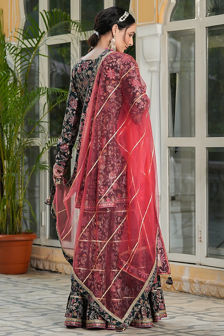 Dark Green Muslin Printed Sharara Set by Bairaas at Pernia's Pop Up Shop