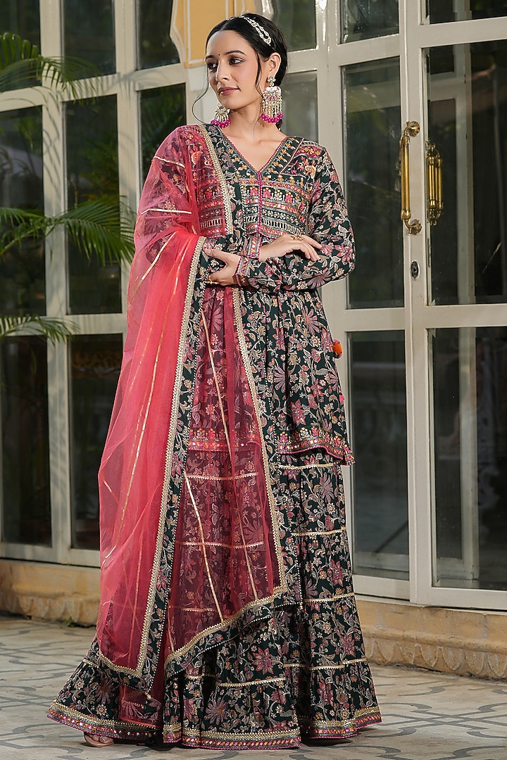 Dark Green Muslin Printed Sharara Set by Bairaas at Pernia's Pop Up Shop