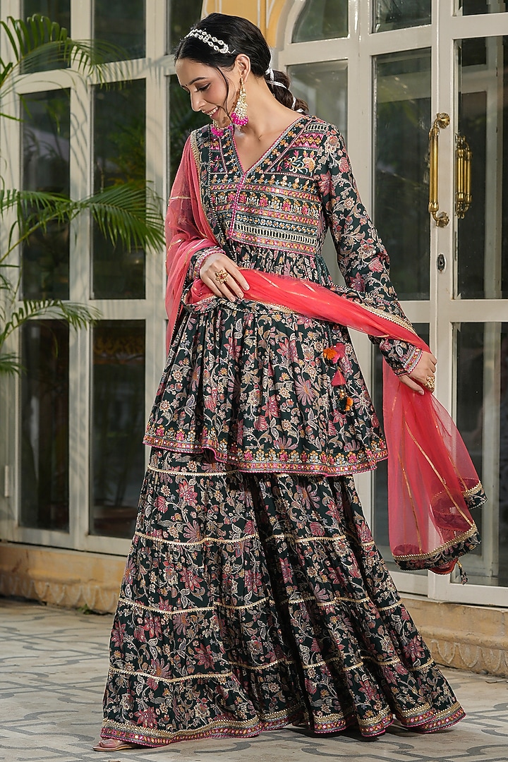 Dark Green Muslin Printed Sharara Set by Bairaas at Pernia's Pop Up Shop