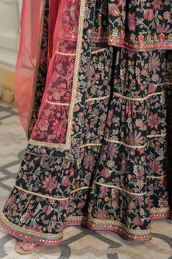 Dark Green Muslin Printed Sharara Set by Bairaas at Pernia's Pop Up Shop