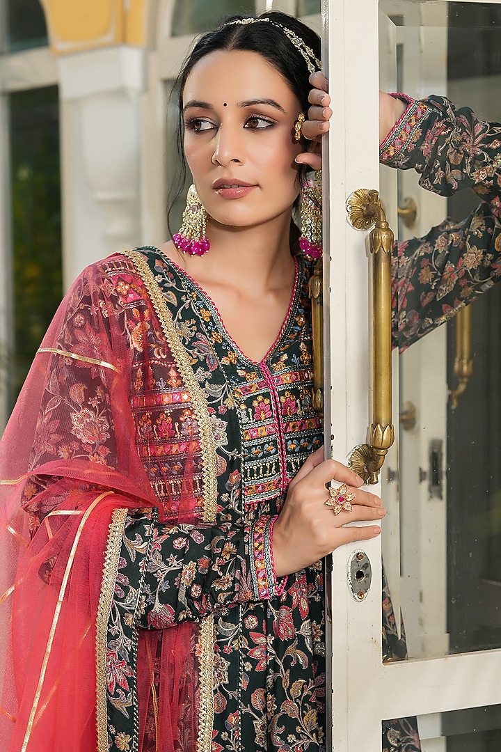 Dark Green Muslin Printed Sharara Set by Bairaas at Pernia's Pop Up Shop