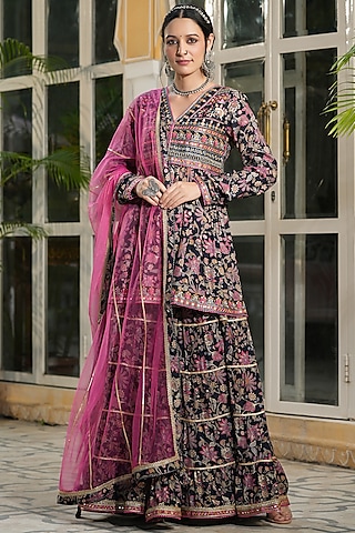 Black Muslin Printed Sharara Set by Bairaas