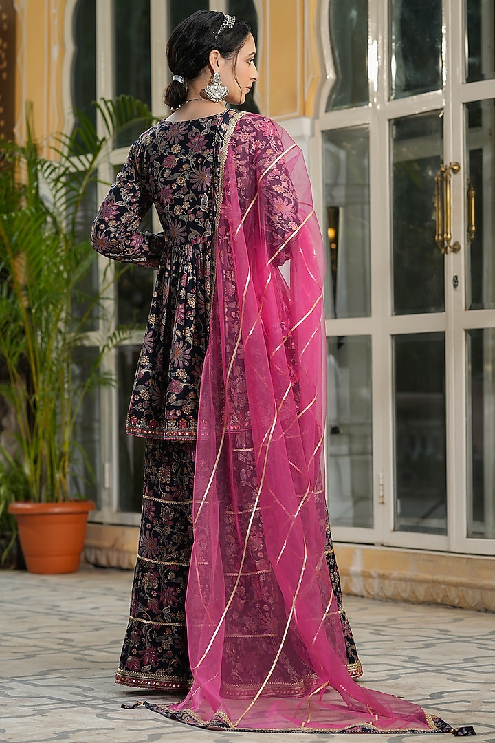Black Muslin Printed Sharara Set by Bairaas at Pernia's Pop Up Shop