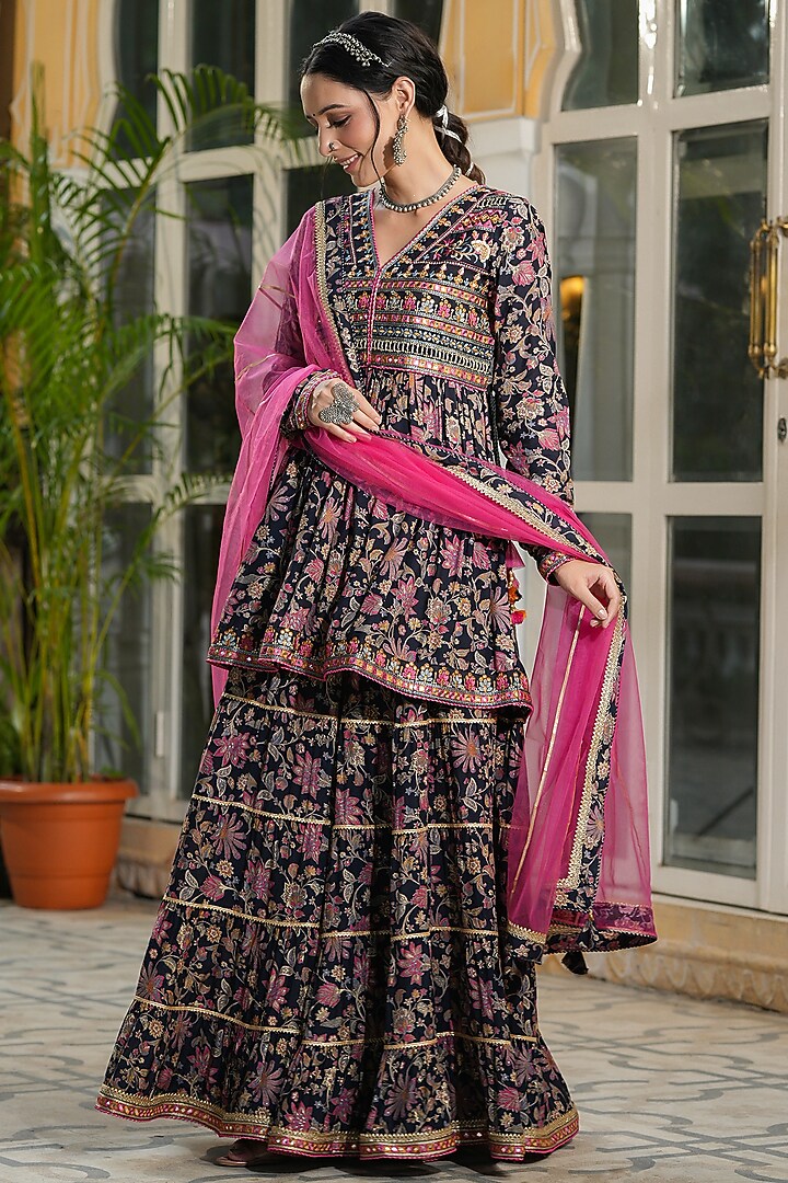 Black Muslin Printed Sharara Set by Bairaas at Pernia's Pop Up Shop