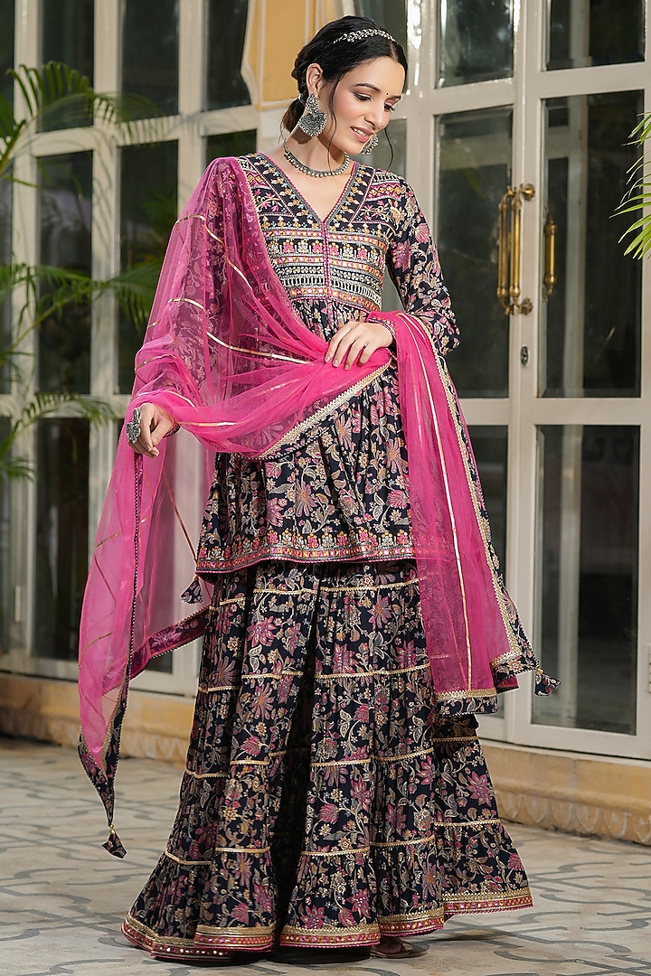 Black Muslin Printed Sharara Set by Bairaas at Pernia's Pop Up Shop
