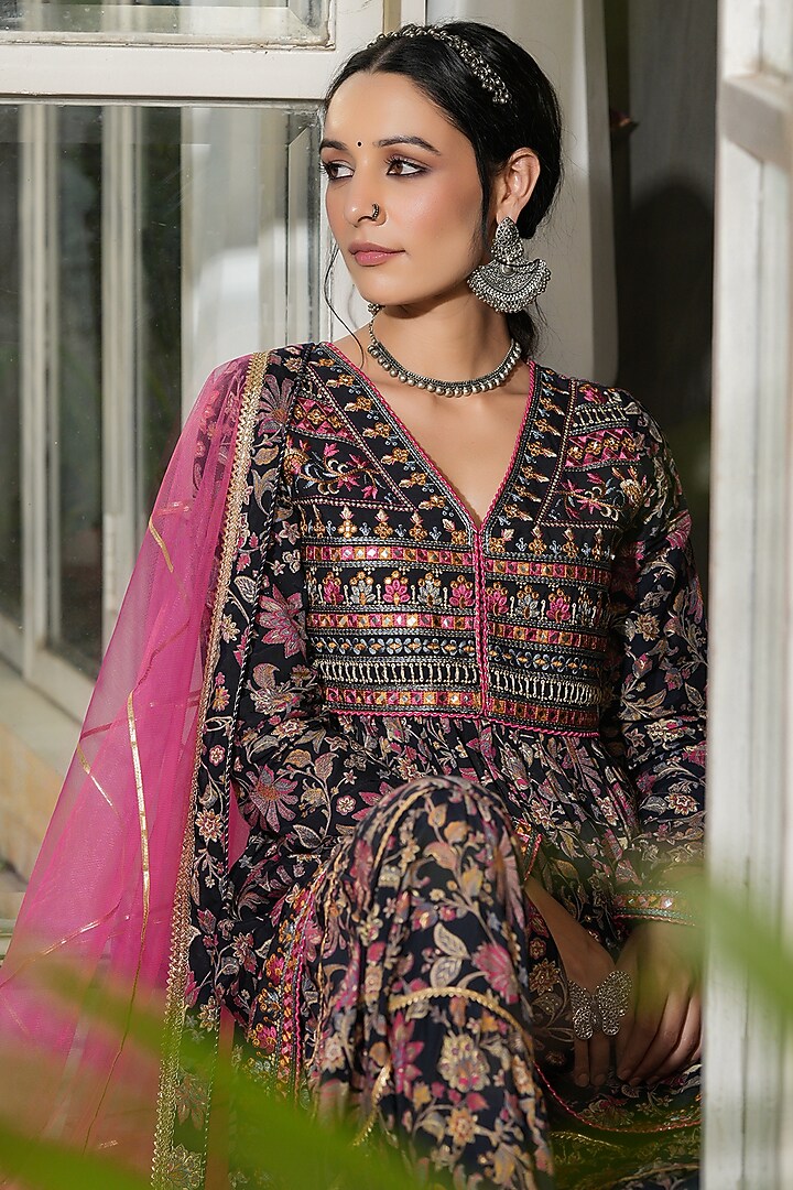 Black Muslin Printed Sharara Set by Bairaas at Pernia's Pop Up Shop