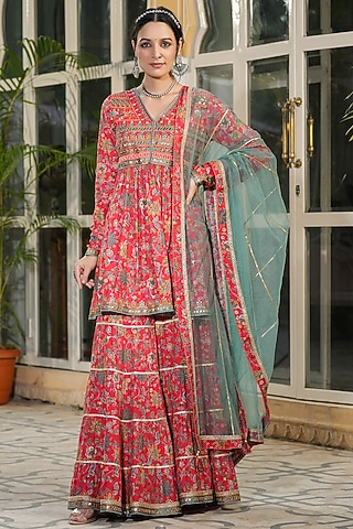 Red Muslin Printed Sharara Set by Bairaas
