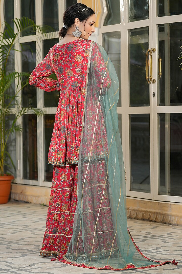 Red Muslin Printed Sharara Set by Bairaas at Pernia's Pop Up Shop