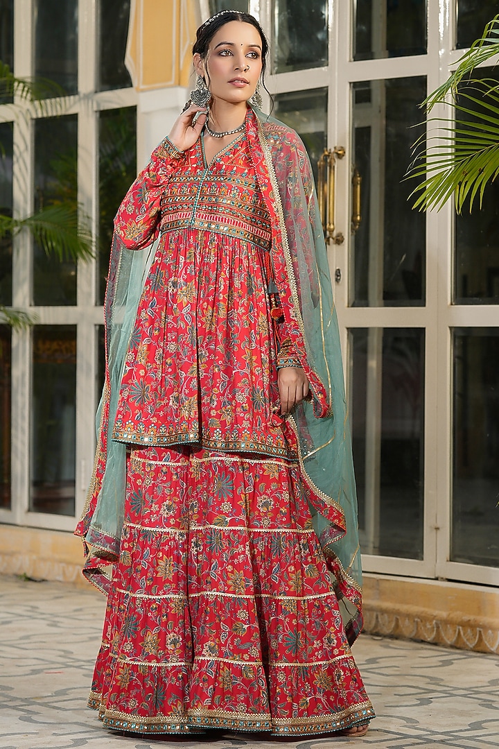 Red Muslin Printed Sharara Set by Bairaas at Pernia's Pop Up Shop