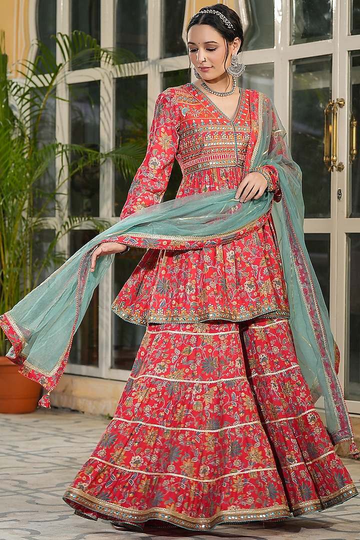 Red Muslin Printed Sharara Set by Bairaas at Pernia's Pop Up Shop
