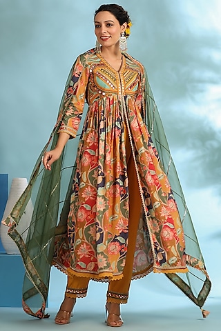 Mustard Muslin Embroidered Anarkali Set by Bairaas
