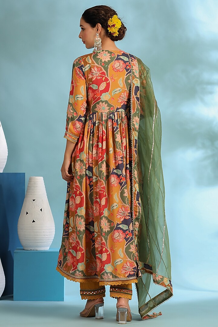 Mustard Muslin Embroidered Anarkali Set by Bairaas at Pernia's Pop Up Shop