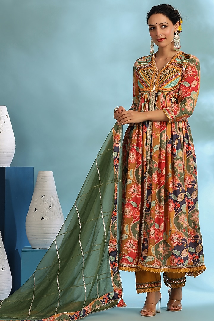 Mustard Muslin Embroidered Anarkali Set by Bairaas at Pernia's Pop Up Shop