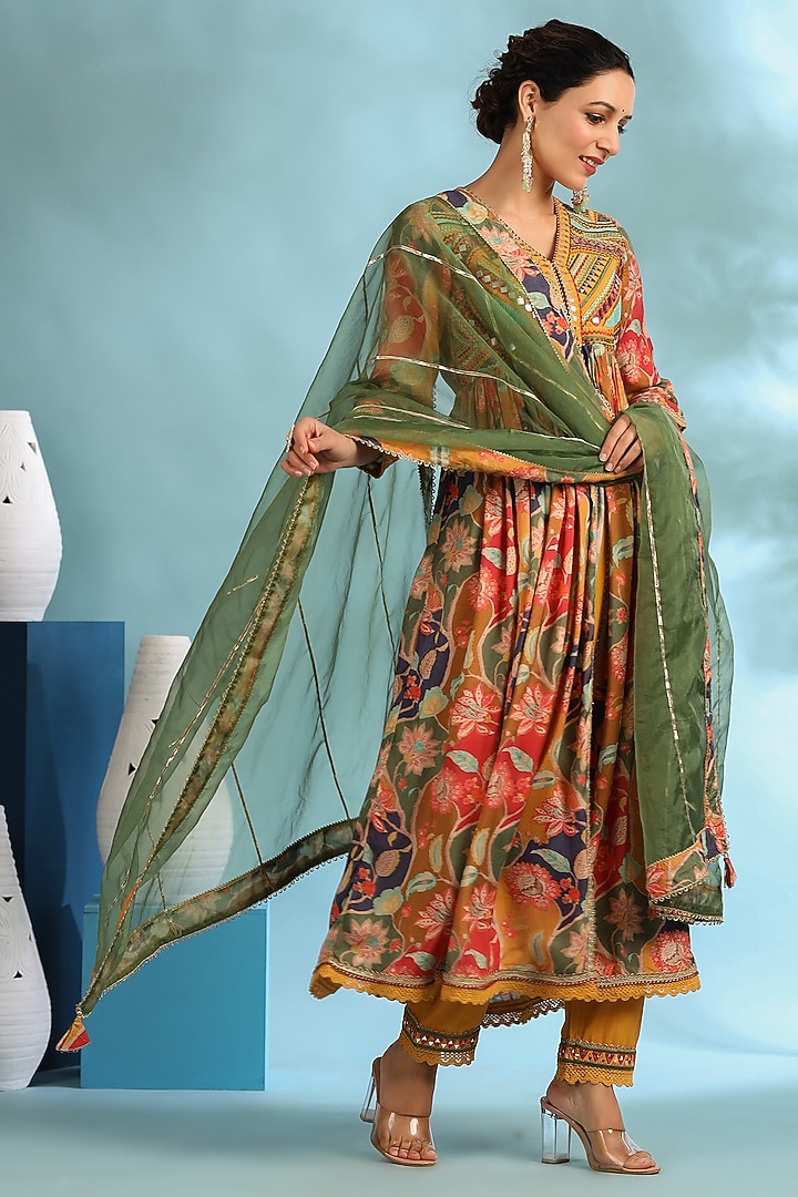 Mustard Muslin Embroidered Anarkali Set by Bairaas at Pernia's Pop Up Shop