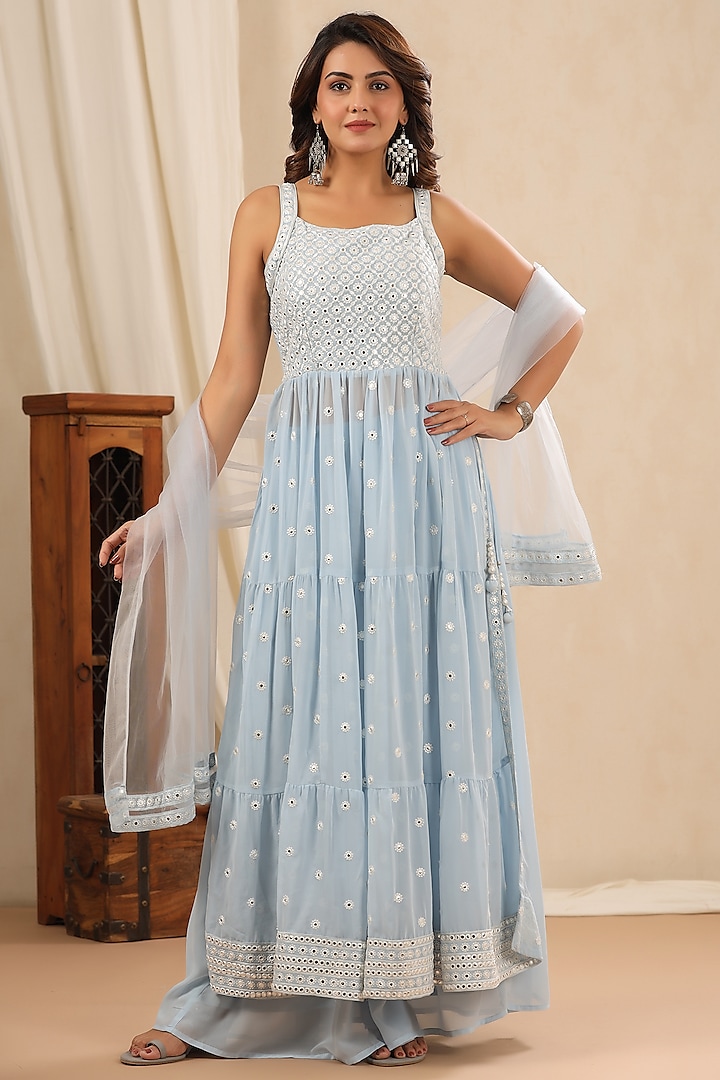 Soft Blue Georgette Embroidered Kurta Set by Bairaas