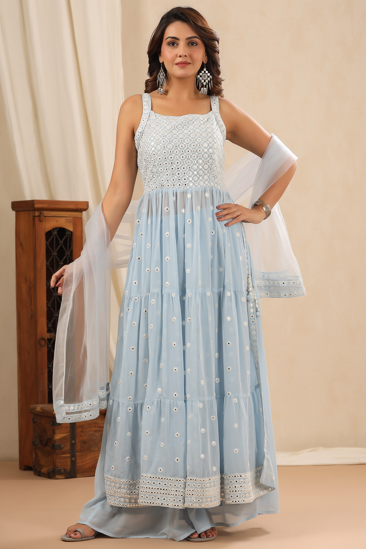 Soft Blue Georgette Embroidered Kurta Set by Bairaas at Pernia's Pop Up Shop