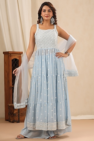 Soft Blue Georgette Embroidered Kurta Set by Bairaas