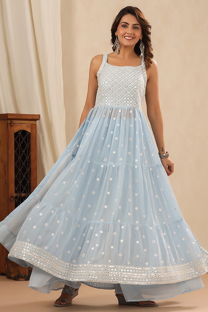Soft Blue Georgette Embroidered Kurta Set by Bairaas at Pernia's Pop Up Shop