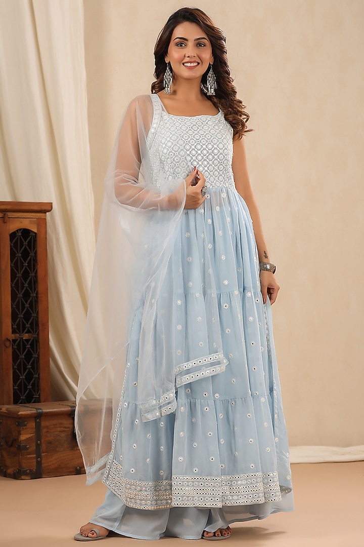 Soft Blue Georgette Embroidered Kurta Set by Bairaas at Pernia's Pop Up Shop