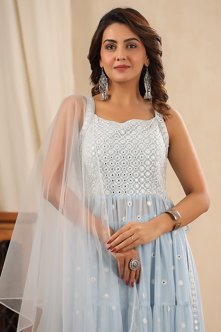 Soft Blue Georgette Embroidered Kurta Set by Bairaas at Pernia's Pop Up Shop