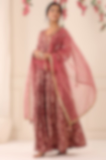 Maroon Muslin Floral Printed Gown With Dupatta by Bairaas