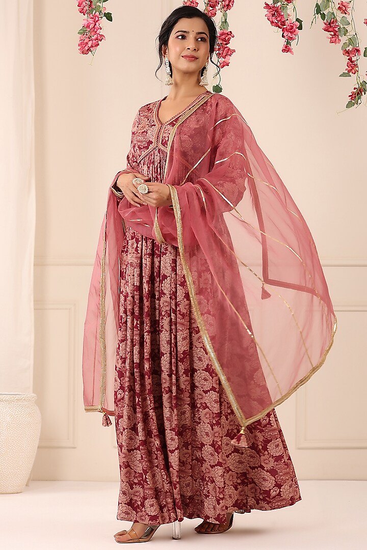 Maroon Muslin Floral Printed Gown With Dupatta by Bairaas