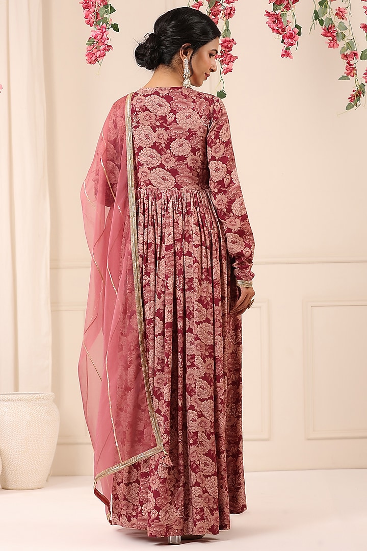 Maroon Muslin Floral Printed Gown With Dupatta by Bairaas at Pernia's Pop Up Shop