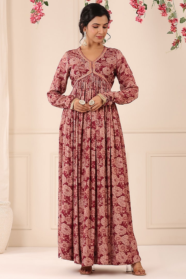 Maroon Muslin Floral Printed Gown With Dupatta by Bairaas at Pernia's Pop Up Shop