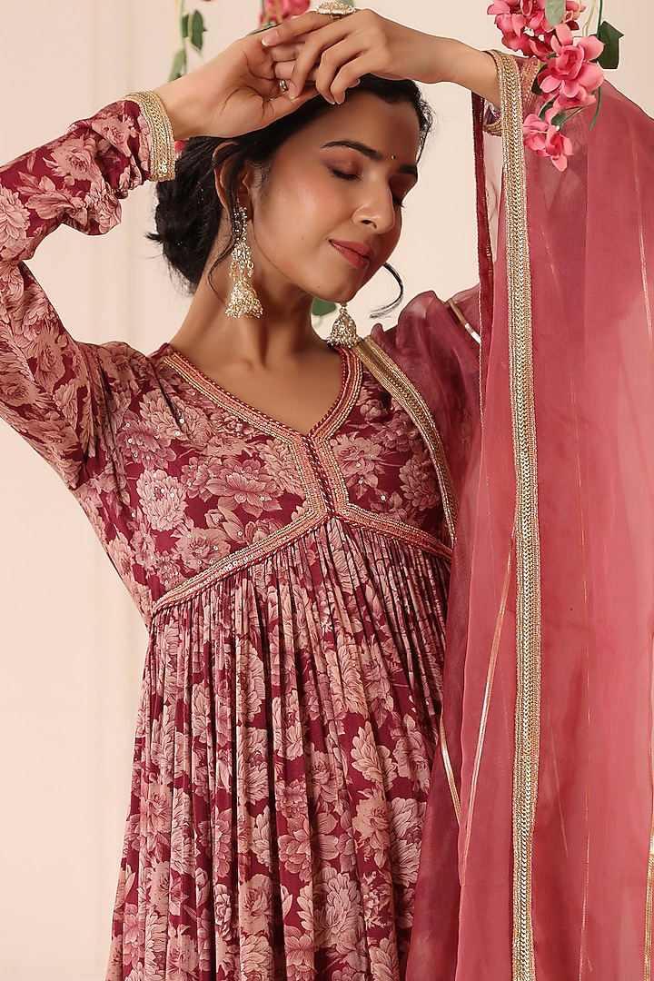 Maroon Muslin Floral Printed Gown With Dupatta by Bairaas at Pernia's Pop Up Shop