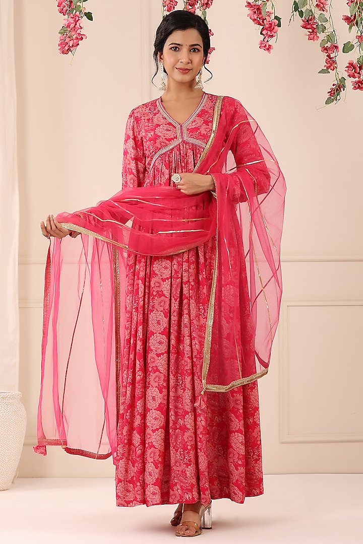 Deep Pink Muslin Floral Printed Gown With Dupatta by Bairaas