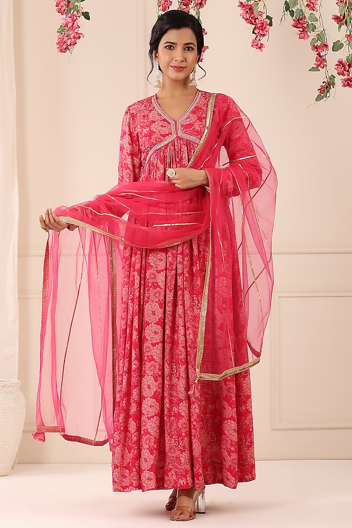 Deep Pink Muslin Floral Printed Gown With Dupatta by Bairaas at Pernia's Pop Up Shop