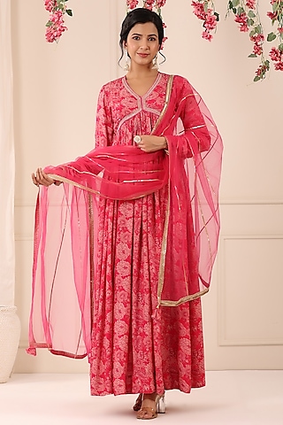 Deep Pink Muslin Floral Printed Gown With Dupatta by Bairaas