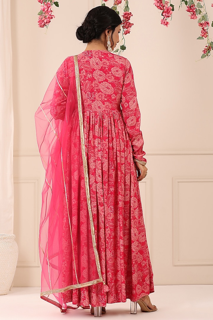 Deep Pink Muslin Floral Printed Gown With Dupatta by Bairaas at Pernia's Pop Up Shop