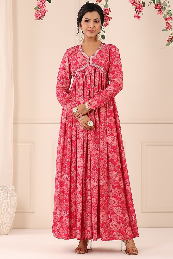 Deep Pink Muslin Floral Printed Gown With Dupatta by Bairaas at Pernia's Pop Up Shop