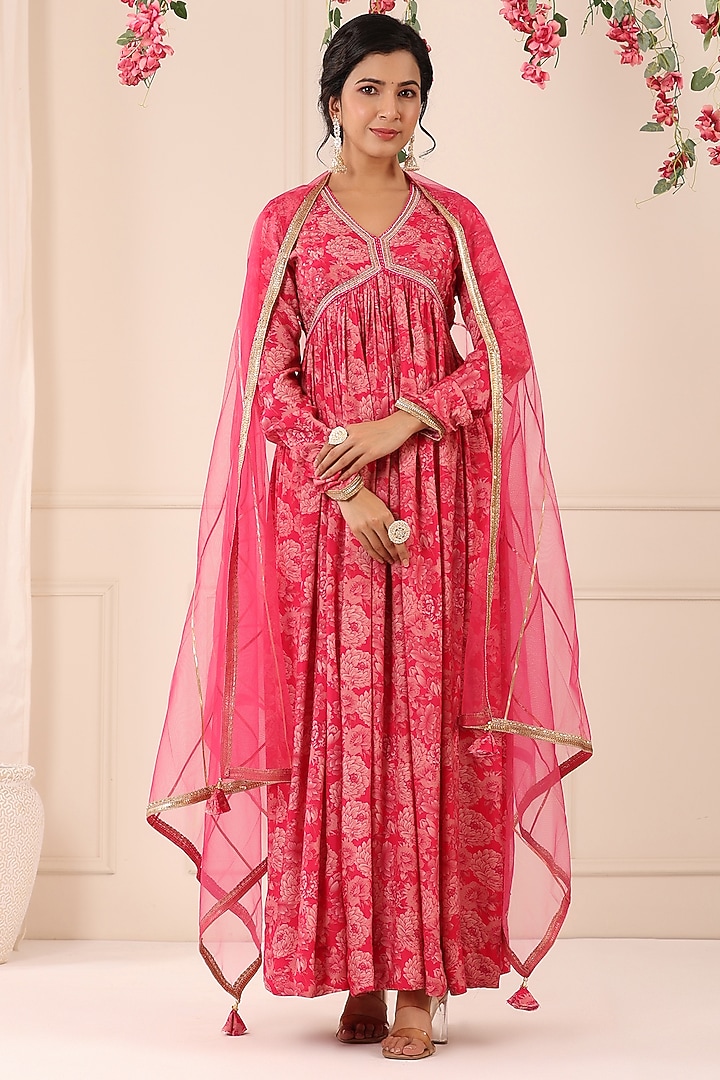 Deep Pink Muslin Floral Printed Gown With Dupatta by Bairaas at Pernia's Pop Up Shop