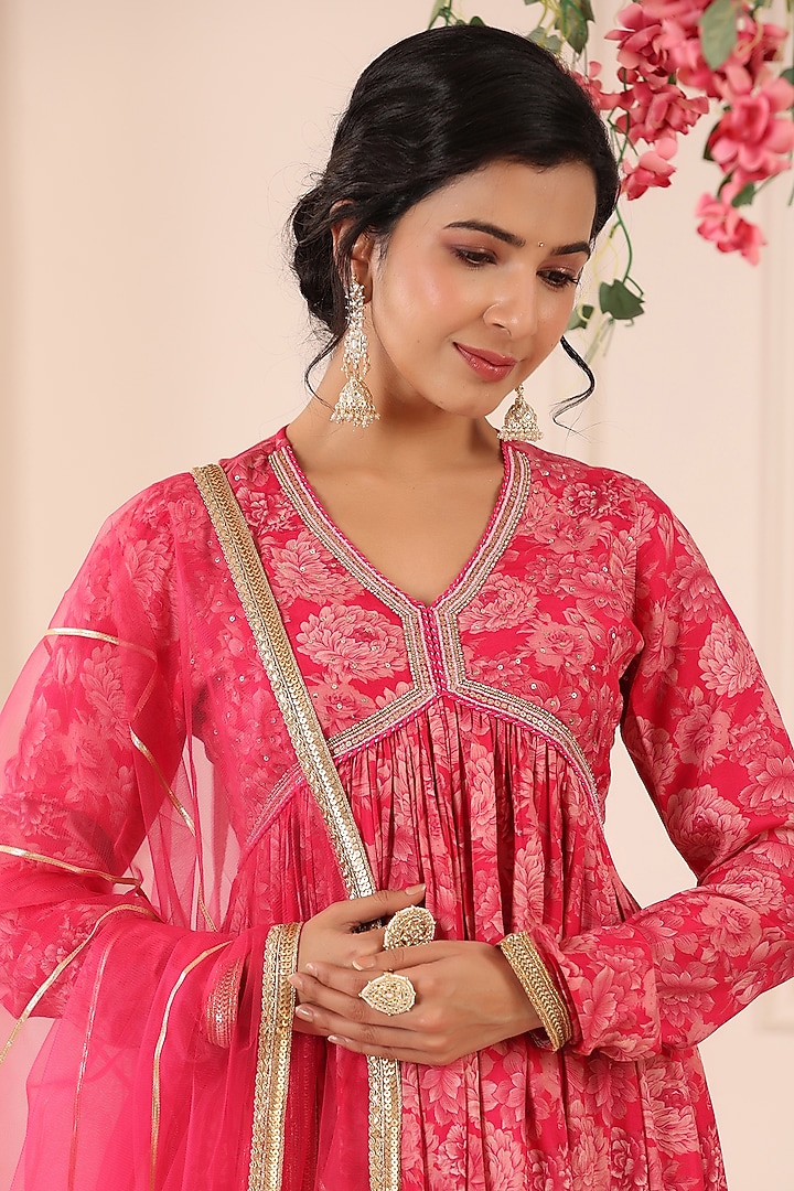 Deep Pink Muslin Floral Printed Gown With Dupatta by Bairaas at Pernia's Pop Up Shop