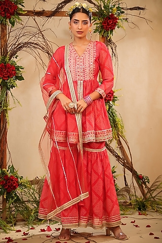 Red Muslin Embroidered Sharara Set by Bairaas