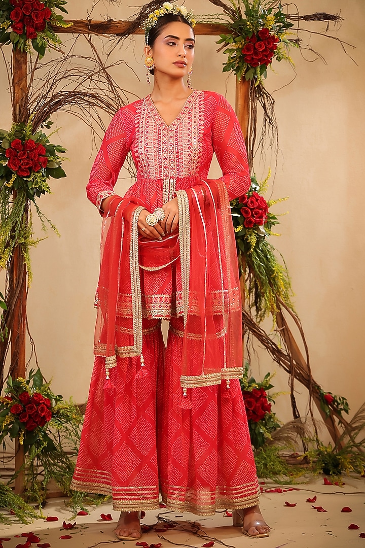 Red Muslin Embroidered Sharara Set by Bairaas at Pernia's Pop Up Shop