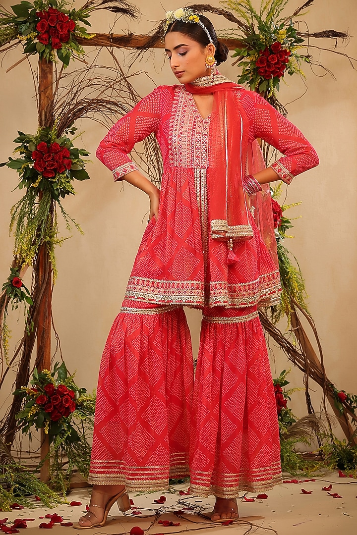 Red Muslin Embroidered Sharara Set by Bairaas at Pernia's Pop Up Shop