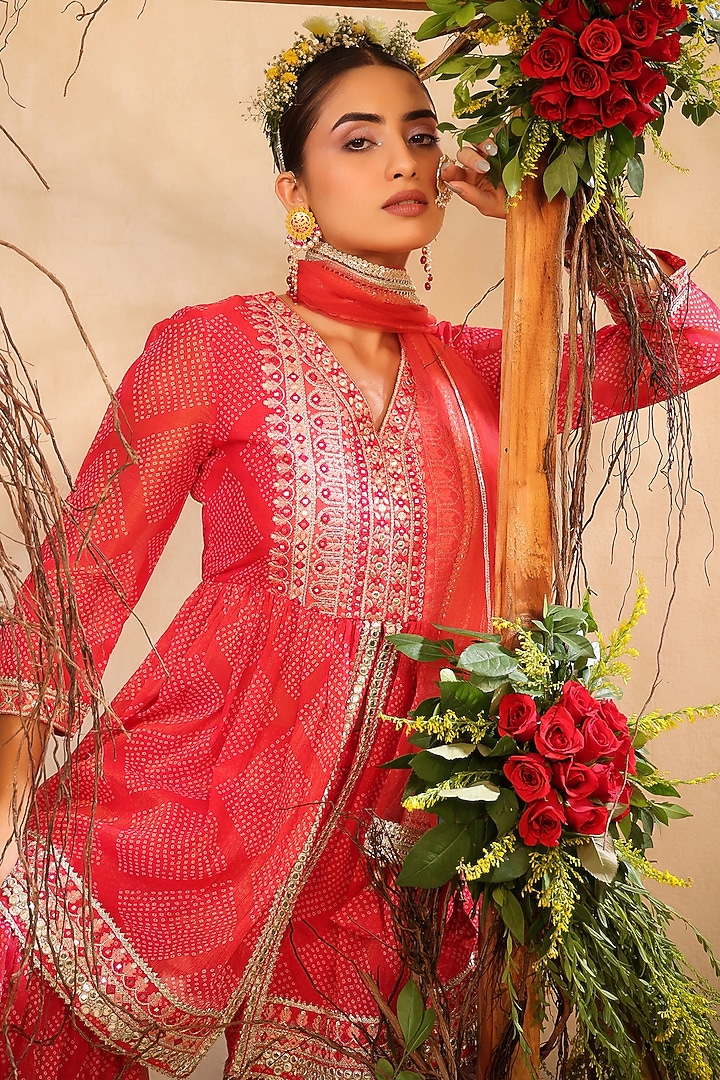 Red Muslin Embroidered Sharara Set by Bairaas at Pernia's Pop Up Shop